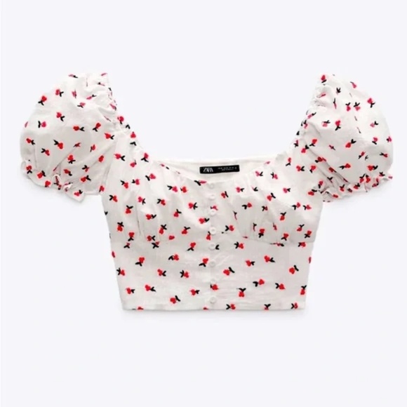 Zara Tops - Zara | Embroidered Cherry Print Puff Sleeve Milkmaid Crop Top M